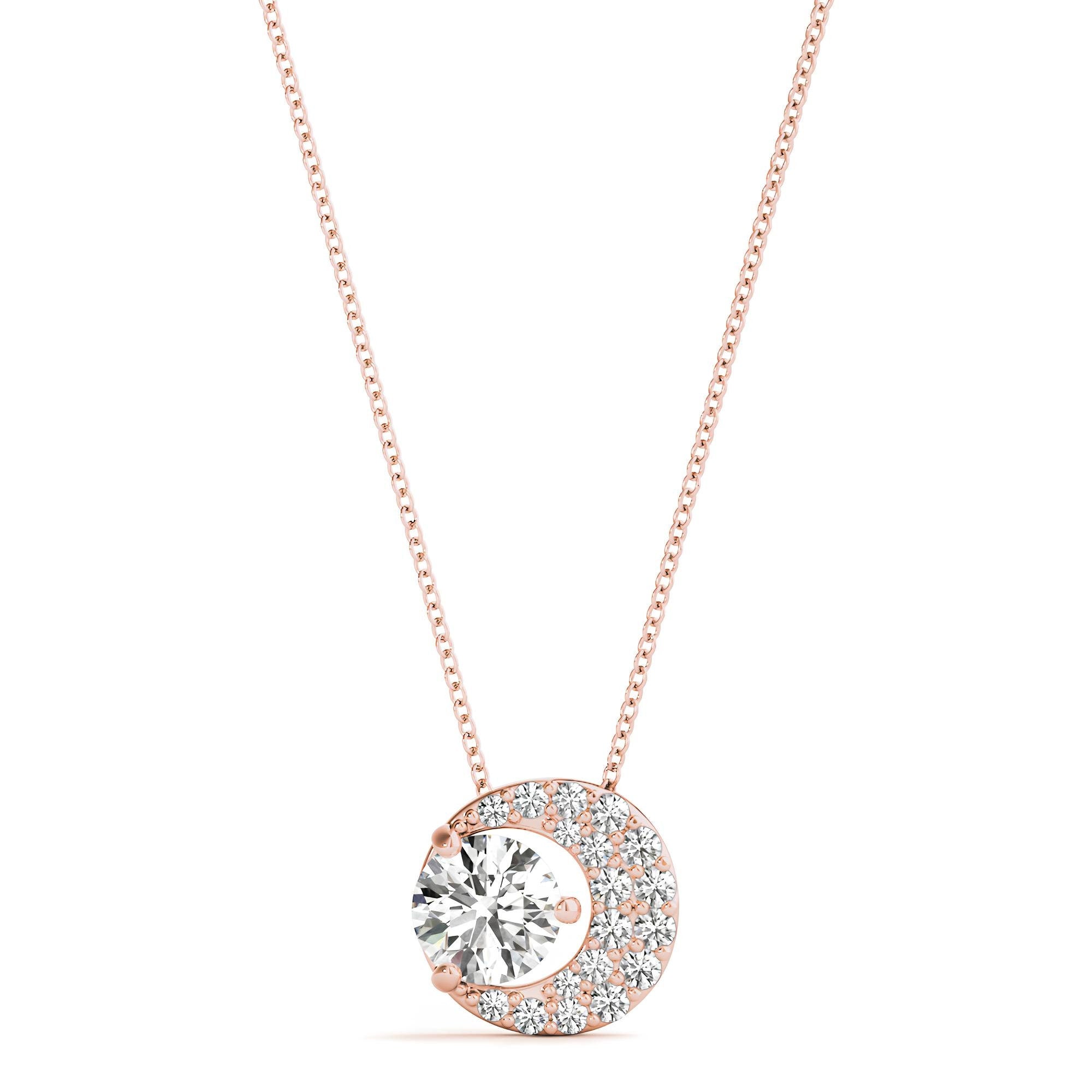 1.00 Carat EF VS/SI Lab-Grown Round Diamond Half Moon Pendant Necklace IGI Certified, 14K Gold Chain, Anniversary Gift for Her